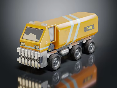 Yellow Toy Truck Model With White Stripes And Reflective Surface On Black Background 3d model