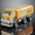 Yellow Toy Truck Model With White Stripes And Reflective Surface On Black Background