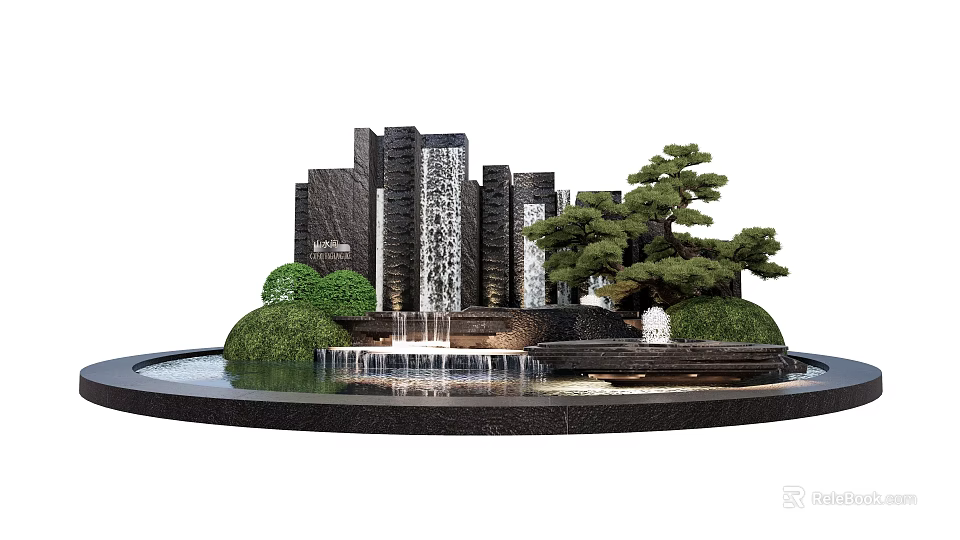 Decorative Garden Ornament Featuring Black Stone Waterfall Green Bushes Pine Tree And Circular Pond 3d model 
