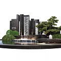 Decorative Garden Ornament Featuring Black Stone Waterfall Green Bushes Pine Tree And Circular Pond
