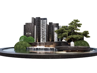 Decorative Garden Ornament Featuring Black Stone Waterfall Green Bushes Pine Tree And Circular Pond 3d model