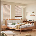 Wooden Double Bed with Upholstered Headboard Nightstand Bookshelf by Window with Blinds on Wooden Floor