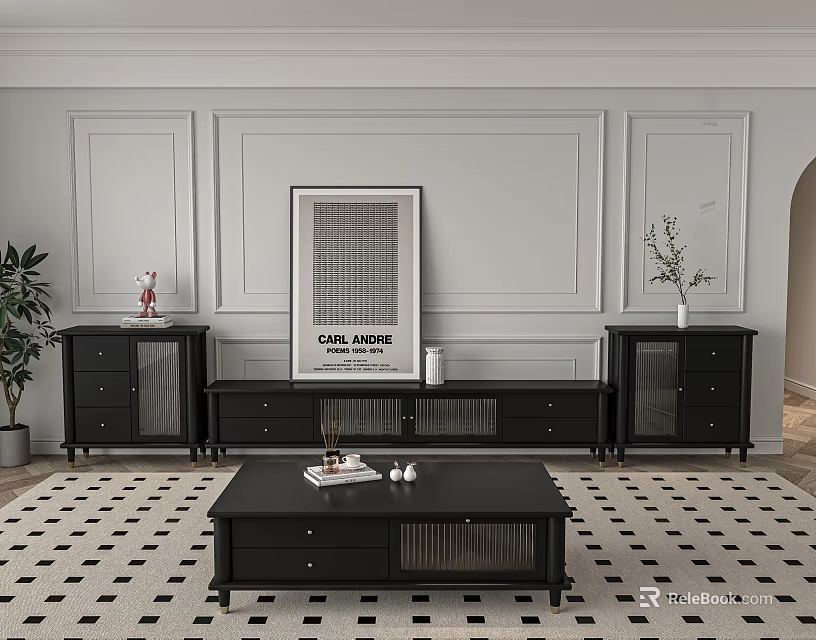 Modern Black TV Stand With Storage Drawers And Decorative Painting In Living Room 3d model 