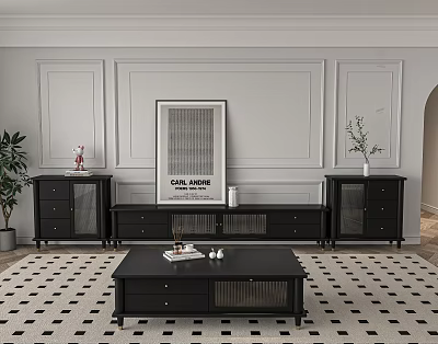 Modern Black TV Stand With Storage Drawers And Decorative Painting In Living Room 3d model