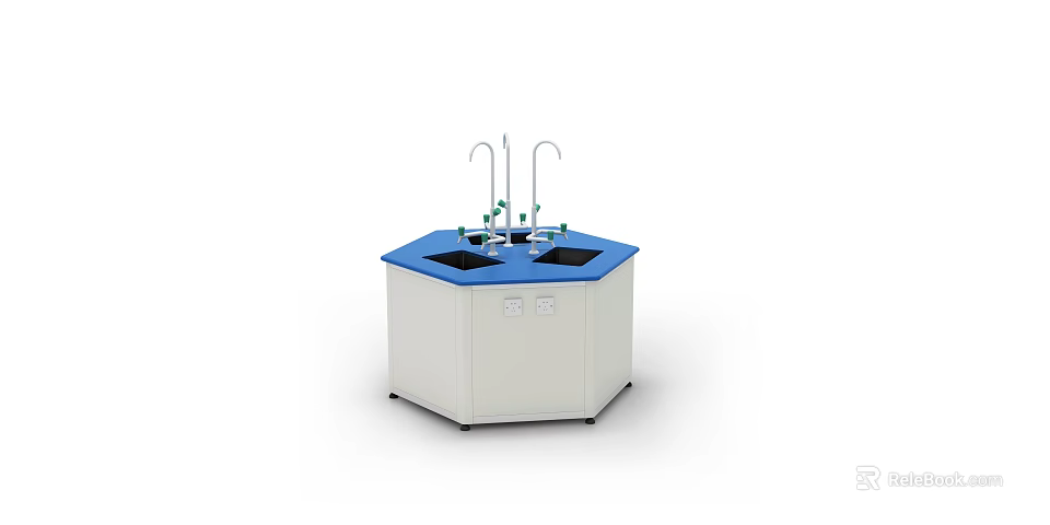 Hexagonal Functional Worktable With Blue Surface And Multiple Faucets For Laboratory Use 3d model