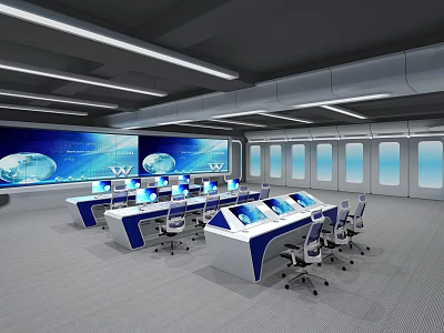 Modern Monitoring Control Room With Multiple Workstations Large Display Screens And Computer Monitors 3d model
