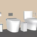 Two White Toilets in Modern Minimalist Bathroom with Toilet Paper Holder Brush and Trash Bin