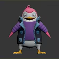 Cartoon Penguin Character With Pink Head Purple Top And Blue Vest Yellow Feet