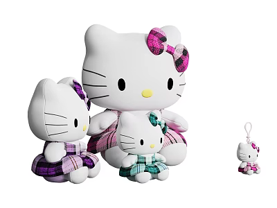 Adorable Hello Kitty Plush Toys with Colorful Bows and Plaid Dresses Different Sizes and Pendant 3d model