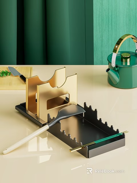 Elegant Golden Knife Holder with Black Tray and Green Teapot Kitchen Tools 3d model 