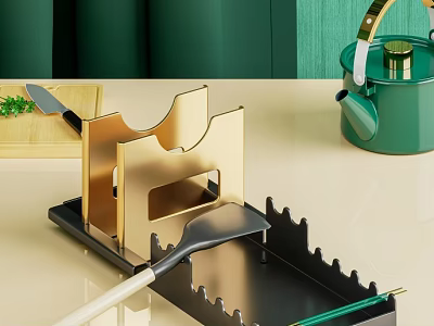 Elegant Golden Knife Holder with Black Tray and Green Teapot Kitchen Tools 3d model