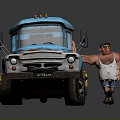 Man in Yellow Hat and Suspenders Waving Hand by Blue Truck