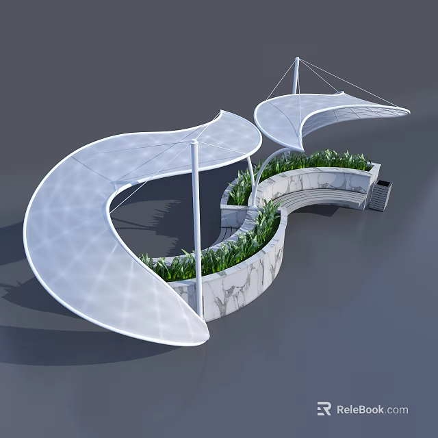 Modern Outdoor Structure With White Curved Canopies Green Plants And Stone Benches 3d model 