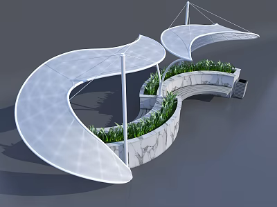 Modern Outdoor Structure With White Curved Canopies Green Plants And Stone Benches 3d model