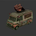 Vintage Ice Cream Truck With Rusty Exterior And Red Cone On Top