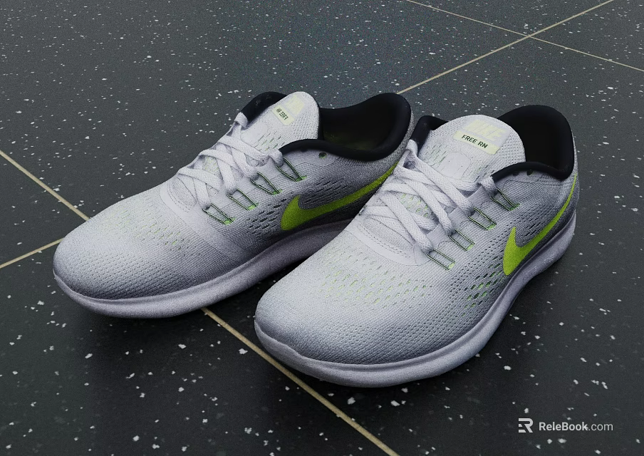 Gray Running Shoes With Yellow Accents Knitted Upper White Laces And White Sole 3d model 