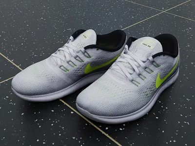 Gray Running Shoes With Yellow Accents Knitted Upper White Laces And White Sole 3d model
