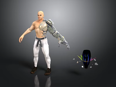Bald Shirtless Cyborg Character With Mechanical Arm White Pants And Helmet 3d model