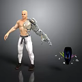 Bald Shirtless Cyborg Character With Mechanical Arm White Pants And Helmet