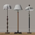 Three Stylish Floor Lamps with Patterned Lampshades and Varied Stand Materials for Modern Interior