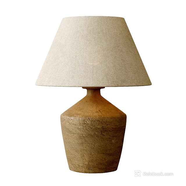 Rustic Table Lamp with Textured Brown Ceramic Base and Beige Linen Lampshade 3d model