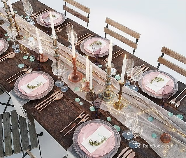 Elegant Dining Table Arrangement With Plates Tableware Candles And Decorations 3d model 