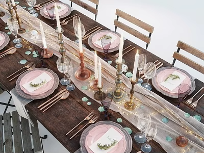 Elegant Dining Table Arrangement With Plates Tableware Candles And Decorations 3d model