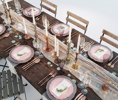 Elegant Dining Table Arrangement With Plates Tableware Candles And Decorations 3d model