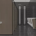 Modern Men's Public Restroom With Gray Tiled Walls White Urinals Wooden Stalls And Bright Lighting