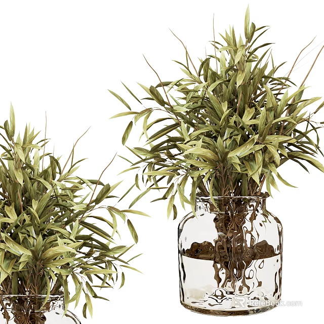 Bonsai Potted Plant with Green Leaves in Glass Vase and Stones for Indoor Decoration 3d model 