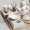 Decorative Ornament Set With Ceramic Bowls White Vases Stacked Books And Green Apples