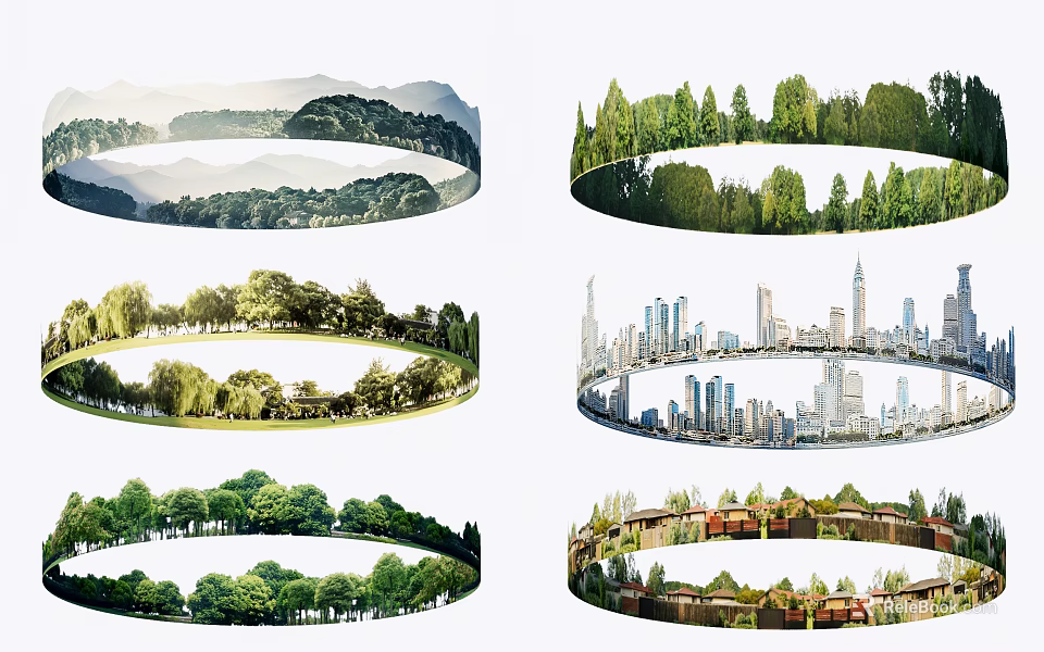 Diverse Circular Landscape Scenes Featuring Natural Mountains Green Forests And Urban City Skyline 3d model 
