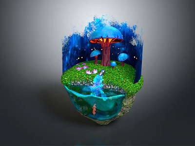 Magical Cartoon Scene Featuring Floating Island Colorful Tree Mushrooms Water Stream And Little Girl 3d model