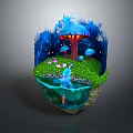 Magical Cartoon Scene Featuring Floating Island Colorful Tree Mushrooms Water Stream And Little Girl