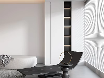 Modern Lounge Chair In Minimalist Interior With Round Side Table And Window Blinds 3d model