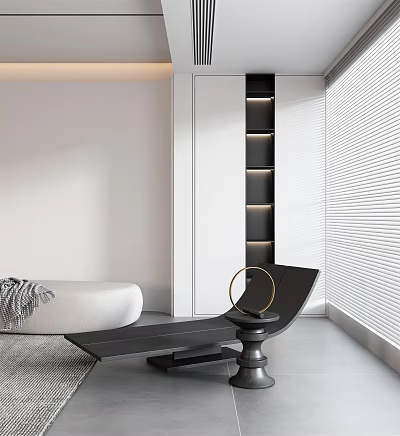 Modern Lounge Chair In Minimalist Interior With Round Side Table And Window Blinds 3d model