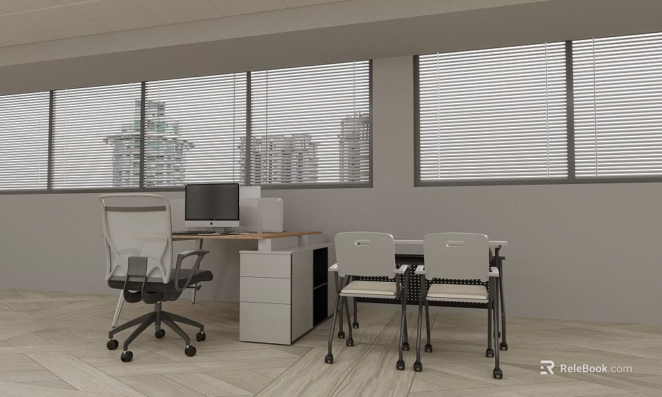 Office Furniture Showroom Featuring Desk Computer Chairs Wooden Floor And City View Blinds 3d model 