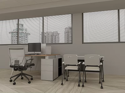 Office Furniture Showroom Featuring Desk Computer Chairs Wooden Floor And City View Blinds 3d model