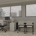 Office Furniture Showroom Featuring Desk Computer Chairs Wooden Floor And City View Blinds