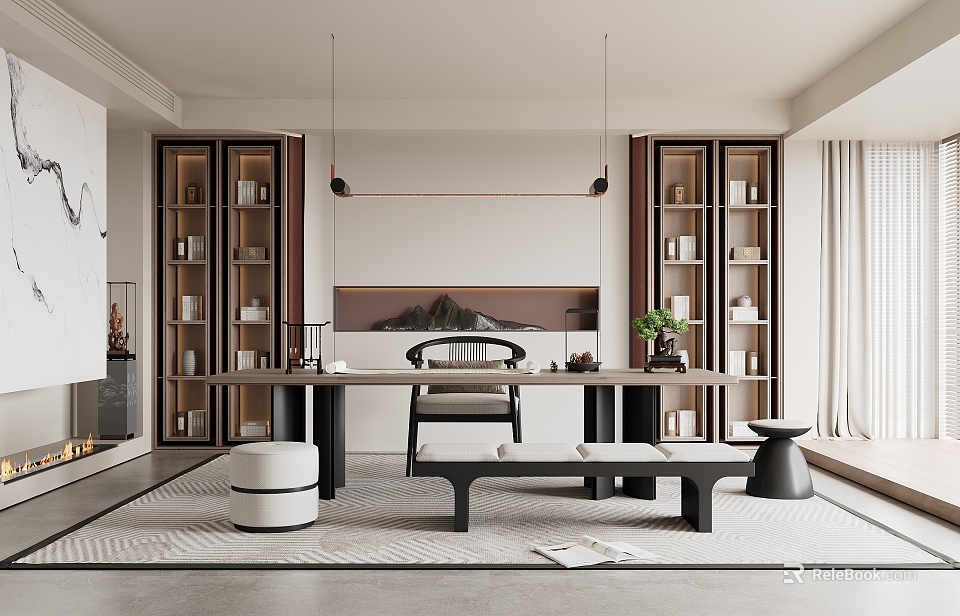 Modern Study Room Interior With Wooden Desk Built in Bookshelves and Hanging Lights 3d model 