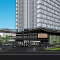 Modern Commercial Street With High Rise Buildings Low Rise Structures And Green Spaces