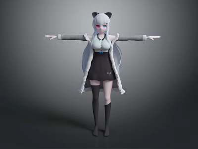 Anime Style Cat Eared Character With Long Silver Hair White Top Black Skirt Arms Outstretched 3d model