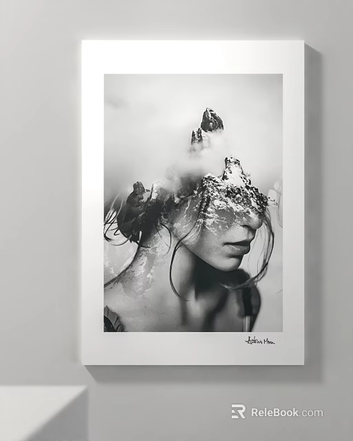 Black and White Artistic Portrait Featuring Mountain Water Elements Blended On Figure Head 3d model 