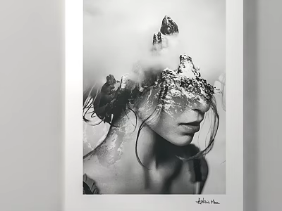 Black and White Artistic Portrait Featuring Mountain Water Elements Blended On Figure Head 3d model