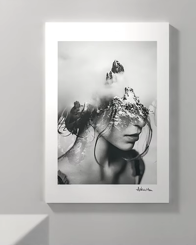 Black and White Artistic Portrait Featuring Mountain Water Elements Blended On Figure Head 3d model