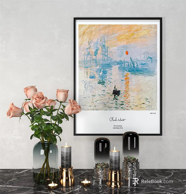 Vibrant Sunrise Landscape Painting With Water Surface Small Boat And Pink Roses In Vase 3d model 