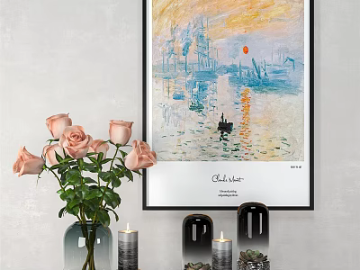 Vibrant Sunrise Landscape Painting With Water Surface Small Boat And Pink Roses In Vase 3d model