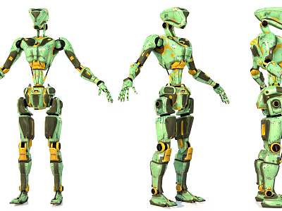 Game Film Mechanical Character Green Yellow Accents Three Quarter Front Back Views 3d model