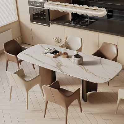 Modern Rectangular Dining Table Set With Marble Top And Beige Brown White Chairs 3d model