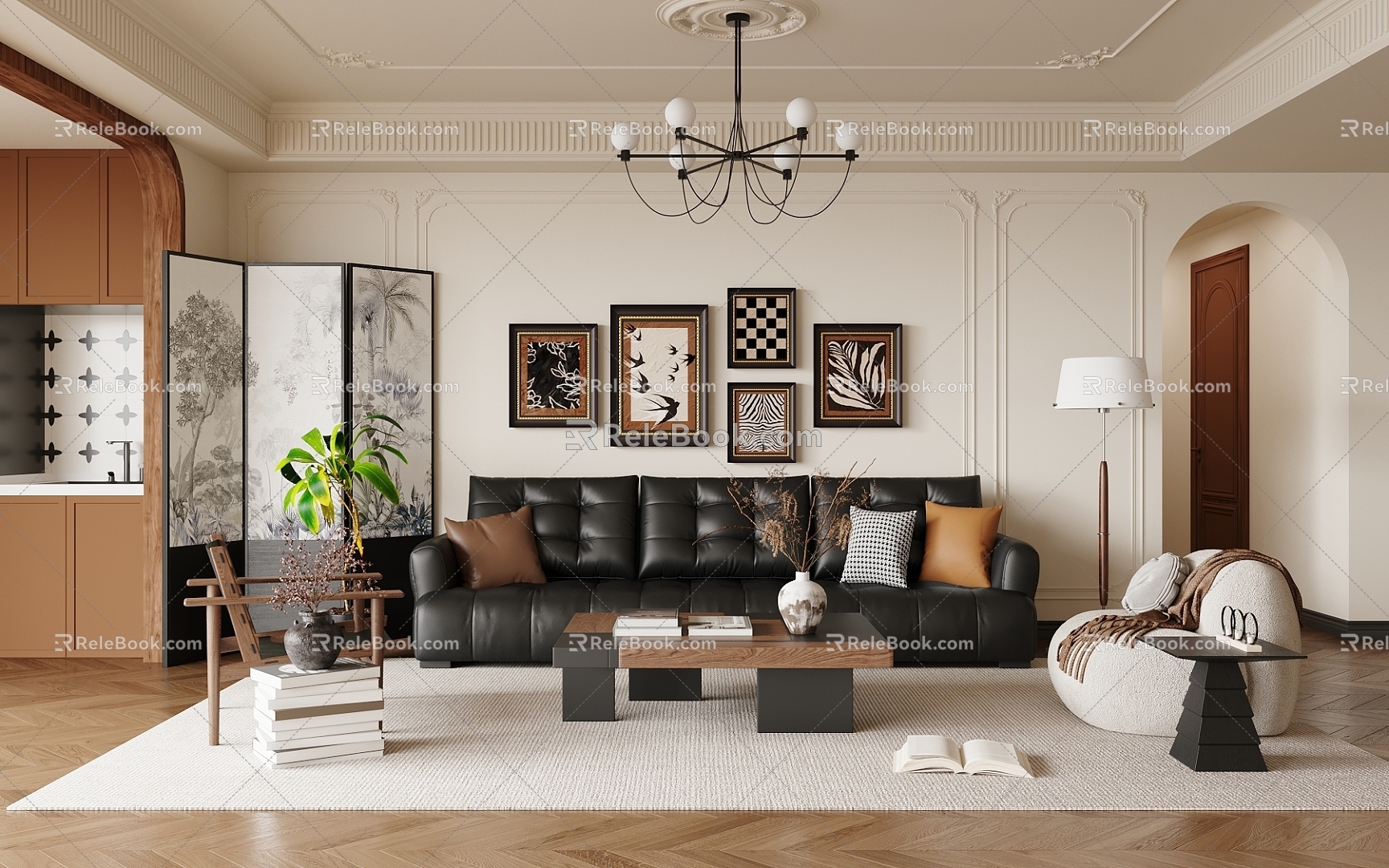 French Middle Style Living Room Sofa Coffee Table Combination 3d model